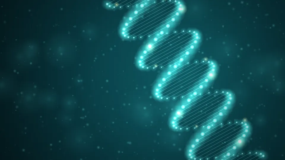 Leuchtende DNA-Doppelhelix mit goldenen Markierungen als Sinnbild der Epigenetik